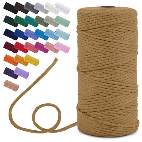 Uiopa Makramee Garn 3mm x 100m, Einzelstrang Baumwollkordel Natur Baumwoll Baumwollseil, Baumwollgarn, Baumwollschnur für Makramee Wandbehang, Hängepflanze, Hochzeitsbogen (Kaffee) von Uiopa