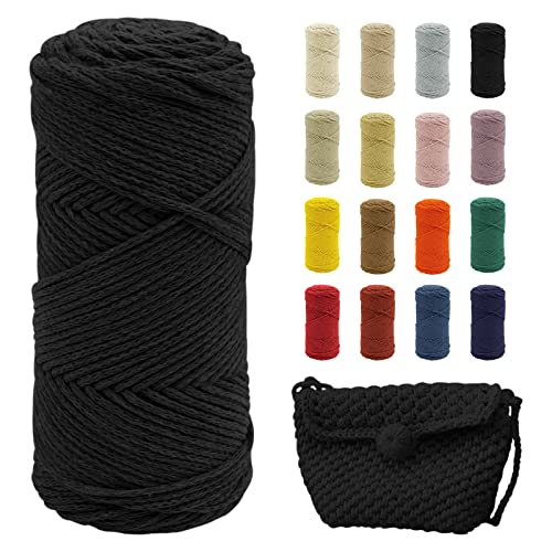 Uiopa Makramee Garn Schwarz, 2mm x 140m Baumwollgarn für Häkeltasche, Polyester Baumwollkordel für Gehäkelte Tasche, Häkelkorb, Weben Dekoration, DIY Handwerk von Uiopa