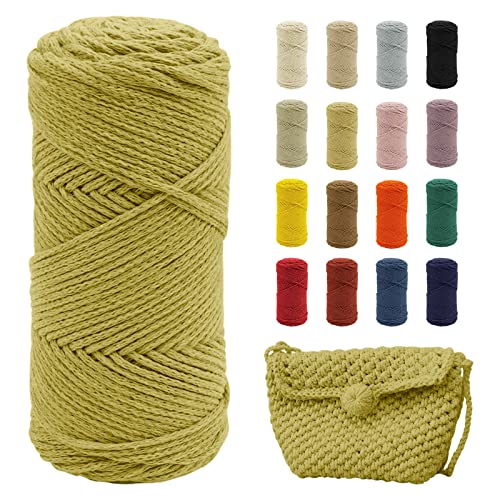 Uiopa Makramee Garn Senfgrün, 2mm x 140m Baumwollgarn für Häkeltasche, Polyester Baumwollkordel für Gehäkelte Tasche, Häkelkorb, Weben Dekoration, DIY Handwerk von Uiopa