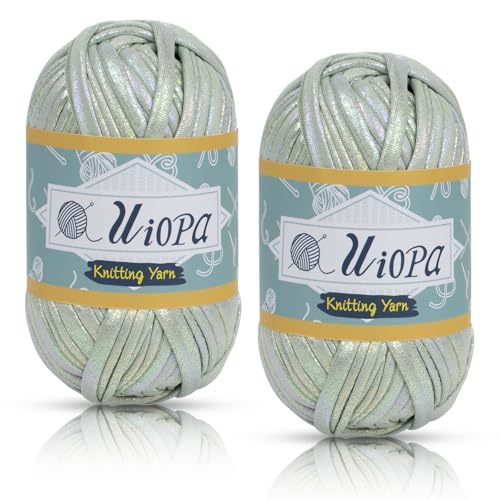 Uiopa Metallic T-Shirt Garn, 2 x 100g(2 x 33m) Bändchengarn Polyester Häkelgarn, Dickes Garn Crochet Yarn für Häkeltaschen, Körbe, Teppiche, Heimdekoration, DIY-Projekt (Aquagrün) von Uiopa