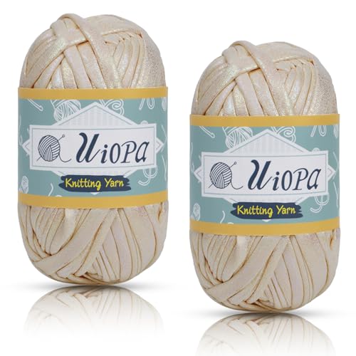 Uiopa Metallic T-Shirt Garn, 2 x 100g(2 x 33m) Bändchengarn Polyester Häkelgarn, Dickes Garn Crochet Yarn für Häkeltaschen, Körbe, Teppiche, Heimdekoration, DIY-Projekt (Beige) von Uiopa