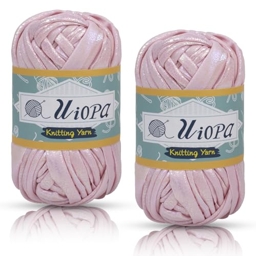 Uiopa Metallic T-Shirt Garn, 2 x 100g(2 x 33m) Bändchengarn Polyester Häkelgarn, Dickes Garn Crochet Yarn für Häkeltaschen, Körbe, Teppiche, Heimdekoration, DIY-Projekt (Hellrosa) von Uiopa