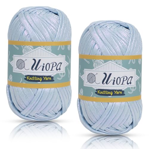 Uiopa Metallic T-Shirt Garn, 2 x 100g(2 x 33m) Bändchengarn Polyester Häkelgarn, Dickes Garn Crochet Yarn für Häkeltaschen, Körbe, Teppiche, Heimdekoration, DIY-Projekt (Himmelblau) von Uiopa