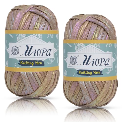 Uiopa Metallic T-Shirt Garn, 2 x 100g(2 x 33m) Bändchengarn Polyester Häkelgarn, Dickes Garn Crochet Yarn für Häkeltaschen, Körbe, Teppiche, Heimdekoration, DIY-Projekt (Khaki) von Uiopa