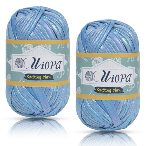 Uiopa Metallic T-Shirt Garn, 2 x 100g(2 x 33m) Bändchengarn Polyester Häkelgarn, Dickes Garn Crochet Yarn für Häkeltaschen, Körbe, Teppiche, Heimdekoration, DIY-Projekt (Seeblau) von Uiopa