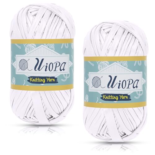 Uiopa Metallic T-Shirt Garn, 2 x 100g(2 x 45m) Bändchengarn Polyester Häkelgarn, Dickes Garn Crochet Yarn für Häkeltaschen, Körbe, Teppiche, Heimdekoration, DIY-Projekt (Weiß) von Uiopa