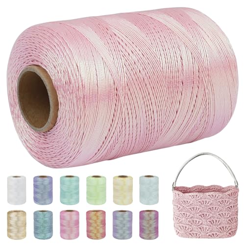 Uiopa Metallic Taschengarn zum Häkeln, Polyester Garn Glitzer Makramee Garn 1mm x 550m Crochet Yarn Hellrosa Häkelgarn für Taschen, Körbe, Heimdekoration, DIY Handwerk von Uiopa