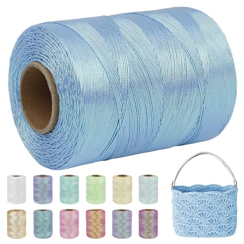 Uiopa Metallic Taschengarn zum Häkeln, Polyester Garn Glitzer Makramee Garn 1mm x 550m Crochet Yarn Himmelblau Häkelgarn für Taschen, Körbe, Heimdekoration, DIY Handwerk von Uiopa