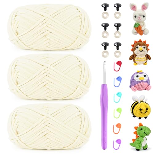 Uiopa Schlauchgarn zum Häkeln, 3 x 50g Häkelwolle Baumwolle Dickes Garn, Häkelgarn Chunky Wolle Crochet Yarn für Taschen, Körbe, Amigurumi, DIY-Projekte (Creme Weiß) von Uiopa