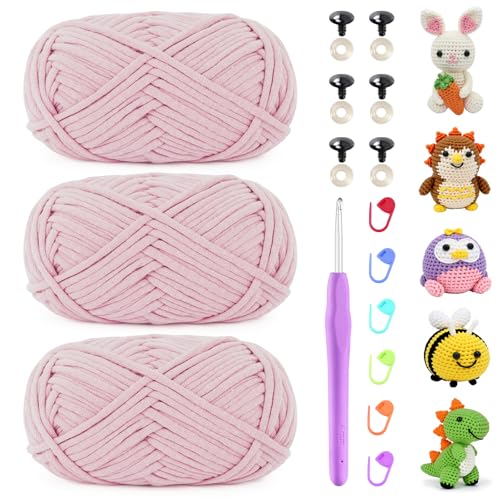 Uiopa Schlauchgarn zum Häkeln, 3 x 50g Häkelwolle Baumwolle Dickes Garn, Häkelgarn Chunky Wolle Crochet Yarn für Taschen, Körbe, Amigurumi, DIY-Projekte (Fleischrosa) von Uiopa