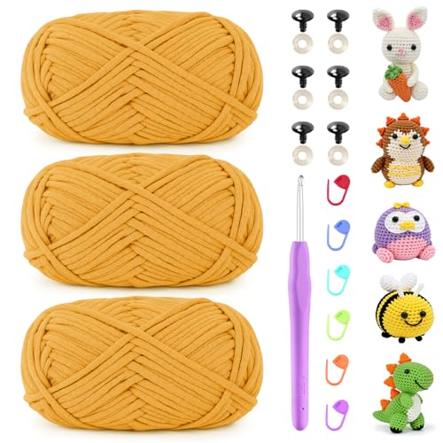 Uiopa Schlauchgarn zum Häkeln, 3 x 50g Häkelwolle Baumwolle Dickes Garn, Häkelgarn Chunky Wolle Crochet Yarn für Taschen, Körbe, Amigurumi, DIY-Projekte (Golden) von Uiopa