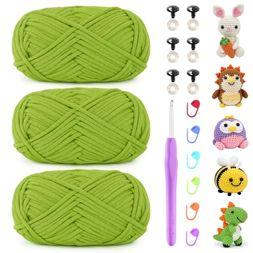 Uiopa Schlauchgarn zum Häkeln, 3 x 50g Häkelwolle Baumwolle Dickes Garn, Häkelgarn Chunky Wolle Crochet Yarn für Taschen, Körbe, Amigurumi, DIY-Projekte (Grün) von Uiopa