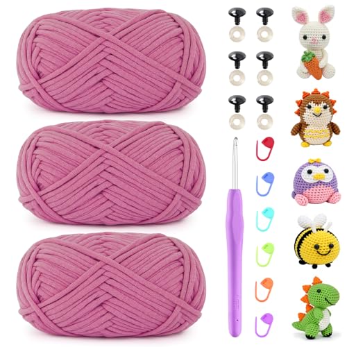 Uiopa Schlauchgarn zum Häkeln, 3 x 50g Häkelwolle Baumwolle Dickes Garn, Häkelgarn Chunky Wolle Crochet Yarn für Taschen, Körbe, Amigurumi, DIY-Projekte (Rosenrosa) von Uiopa