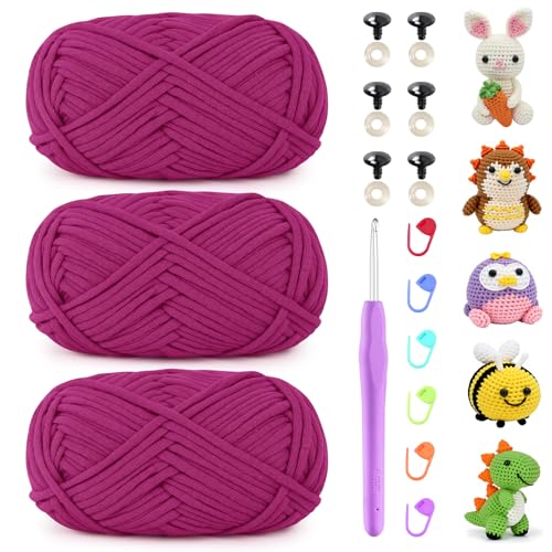 Uiopa Schlauchgarn zum Häkeln, 3 x 50g Häkelwolle Baumwolle Dickes Garn, Häkelgarn Chunky Wolle Crochet Yarn für Taschen, Körbe, Amigurumi, DIY-Projekte (Rosenrot) von Uiopa