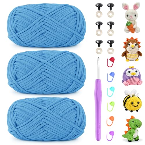 Uiopa Schlauchgarn zum Häkeln, 3 x 50g Häkelwolle Baumwolle Dickes Garn, Häkelgarn Chunky Wolle Crochet Yarn für Taschen, Körbe, Amigurumi, DIY-Projekte (Seeblau) von Uiopa
