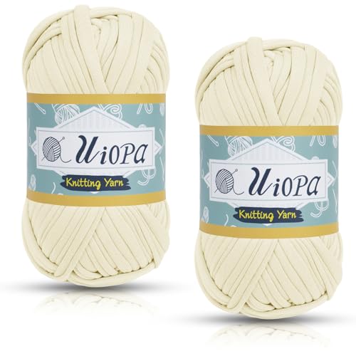 Uiopa T-Shirt Garn, 2 x 100g(2 x 35m) Bändchengarn Polyester Häkelgarn, Dickes Garn Crochet Yarn für Häkeltaschen, Körbe, Teppiche, Heimdekoration, DIY-Projekt (Creme Weiß) von Uiopa