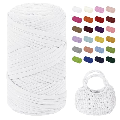 Uiopa T-Shirt Garn, 400g/150m Bändchengarn zum Häkeln, Dickes Ribbon Garn Chunky Polyester Häkelgarn für Häkeltaschen, Körbe, Home Decor, DIY Handwerk (Weiß) von Uiopa