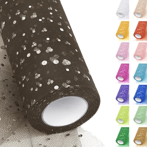 Uiopa Tüll Kaffee Glitzer 15cm x 22m Pailletten Tüllstoff Polyester Tüllband Dekostoff Tüll Rolle für Tutu Röcke, Geschenkverpackung, Geburtstag/Party/Hochzeitsdekoration, DIY Handwerk von Uiopa