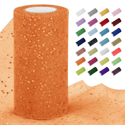 Uiopa Tüllstoff Glitzer 15cm x 22m Tüll Rolle Tüllband Orange Pailletten Dekostoff Glitzerband für Tutu Röcke, Geschenkverpackung, Hochzeitsdekoration, DIY Handwerk von Uiopa
