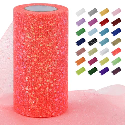 Uiopa Tüllstoff Glitzer 15cm x 22m Tüll Rolle Tüllband Orange-Rot Pailletten Dekostoff Glitzerband für Tutu Röcke, Geschenkverpackung, Hochzeitsdekoration, DIY Handwerk von Uiopa