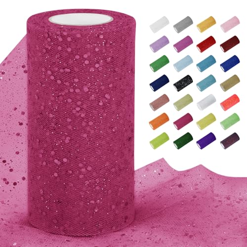 Uiopa Tüllstoff Glitzer 15cm x 22m Tüll Rolle Tüllband Pfirsichrot Pailletten Dekostoff Glitzerband für Tutu Röcke, Geschenkverpackung, Hochzeitsdekoration, DIY Handwerk von Uiopa
