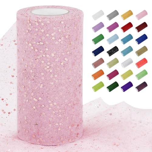 Uiopa Tüllstoff Glitzer 15cm x 45m Tüll Rolle Tüllband Rosa Pailletten Dekostoff Glitzerband für Tutu Röcke, Geschenkverpackung, Hochzeitsdekoration, DIY Handwerk von Uiopa