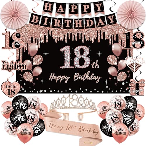 Dekorationen zum 18. Geburtstag für Mädchen, 33 Stück Schwarz Roségold Happy 18th Birthday Banner 18 Geburtstag Krone und Schärpe Luftballons Hintergrund hängende Wirbel Papierfächer 18 Jahre alt von Uiorgui