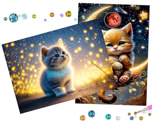 Diamond Painting 2 Stück Diamond Painting katzen, 5D Diamond Painting Erwachsene Kinder, DIY Voller Runder Diamant einhorn Diamond Painting Bilder Home Wand Décor Crystal Art Craft Kits 25x35cm von Uirheurd