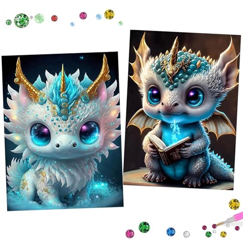 Diamond Painting Drachen 5D Diamond Painting Erwachsene Kinder, 2 Stück Diamond Painting Dragon, DIY Voller Runder Diamant Drache Diamond Painting Bilder Home Wand Décor Art Craft Kits 25x35cm von Uirheurd