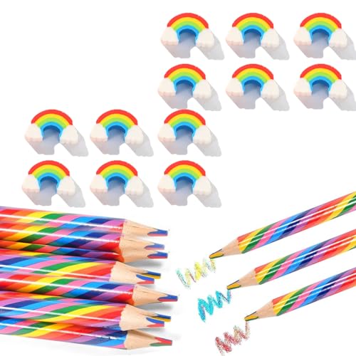 Uirheurd 24 Stöcke Regenbogen Buntstifte Set,Regenbogen Radiergummi,Kinder Regenbogen Stifte,Buntstifte für Kinder,Kinderzeichnung,Schule,Büro,Zuhause,Dreieckige Buntstifte für Kunst,Malen von Uirheurd