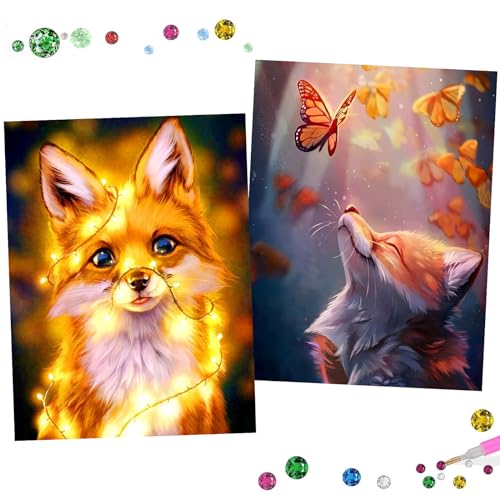 Uirheurd Diamond Painting Fuchs 2 Pcs DIY 5D Diamant Malerei Kit Diamond Painting Erwachsene Kinder Fuchs und Schmetterling Und Fuchs mit Lichterkette Diamant Painting Bilder 25 * 35cm (Fuchs) von Uirheurd