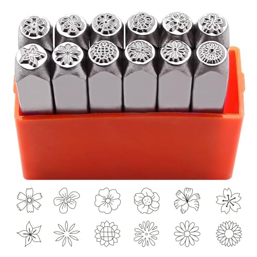 12 Stück Metallstempel mit Blumenthema, 3 mm, 6 mm (1/8 "1/4"), Metall-Stempelwerkzeug für Lederhandwerk aus Holz von Uitndvyte