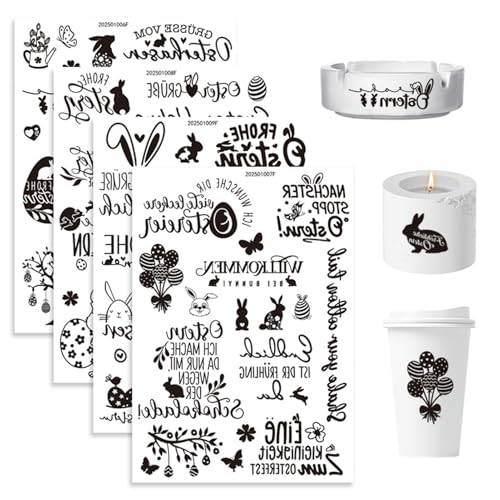 Uixxducc 4pcs Rub on Sticker Ostern Karikatur Niedlich Dekoration Wasserdicht Schwarz Und Weiß Aufkleber Kaninchen Gefärbte Eier Rub on Ostern Sticker Für Glas Möbel Scrapbooking (4pcs) von Uixxducc