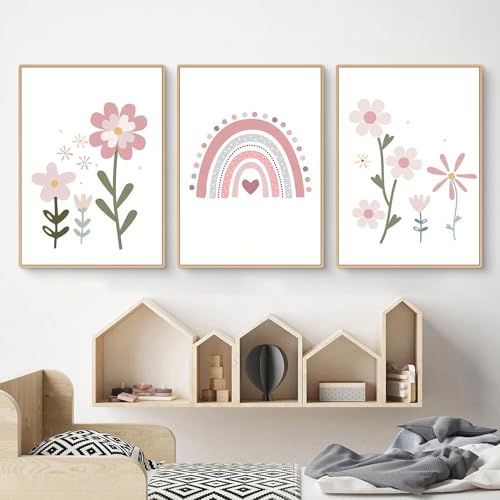 Uixxducc 3er Set Bilder Kinderzimmer Mädchen Poster Kinderzimmer Deko, Regenbogen, Blumen, Liebe und Schloss Wandbilder Babyzimmer Deko, OHNE Rahmen (A,30x40cm) von Uixxducc