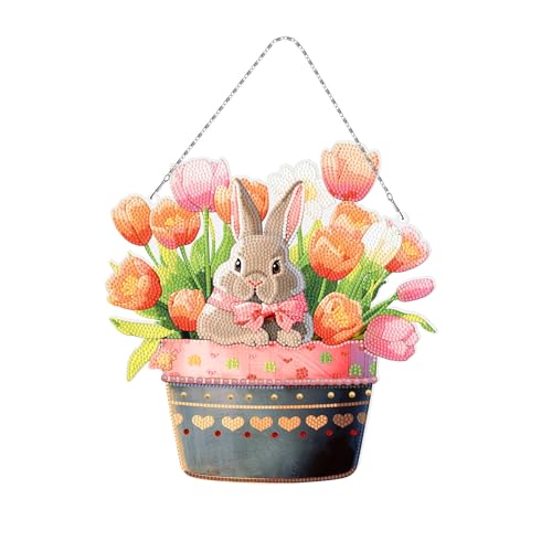 Uixxducc Diamond Painting Ostern Diamant Malerei Ornamente Ostereier Hase Acryl Anhänger Kranz mit Kette Erwachsene Basteln für Frühlingdeko (A) von Uixxducc