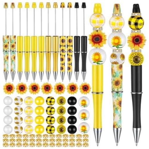 Ujjdwiurgh 12er-Pack Perlenstifte Aus Kunststoff, Verschiedene Perlenstifte, Holzperlen, Kristall-Abstandsperlen-Set, Runde Perlen, Schwarze Tinte, Kugelschreiber, Einfache Installation von Ujjdwiurgh