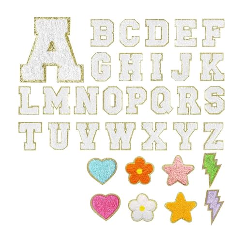 Ujjdwiurgh 34 Stück Chenille-Buchstabenflicken zum Aufbügeln, Buchstaben, Glitzernde Buchstaben mit Niedlichem Aufnäher zum Aufbügeln, Gestickte Applikation, Einfache Installation, Einfach zu Verwen von Ujjdwiurgh