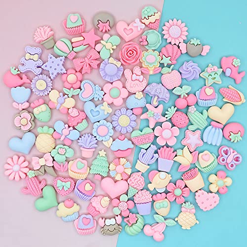 Ulalaza 100 süße Schleim-Charms,Bastelarbeiten und Ornamente, Scrapbooking-Perlen, verschiedene Süßigkeiten, Obst, Kuchen, Harz, Weihnachtsgeschenke, Spalier, Harz-Ornament-Kit, Zubehör von Ulalaza