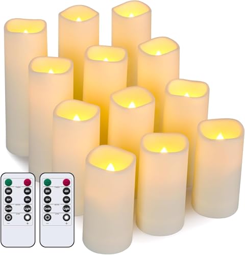 Ulanox LED Kerzen Batteriebetrieben Flackernde Flammenlose Kerzen, 12er Set Elektrische Kerzen mit Timerfunktion & Fernbedienung für Weihnachten, Halloween, Geburtstag (D:2.2'' x H:4''5''6''7'') von Ulanox