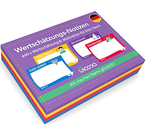 Ulassa Kudos Haftnotizen mit Motiv - DEUTSCH - 400 Notizzettel (8x50 Blatt) Klebezettel mit Text Sensationell - Super Arbeit - Dankeschön - Voller Freude - steigert die Wertschätzung & Motivation von Ulassa