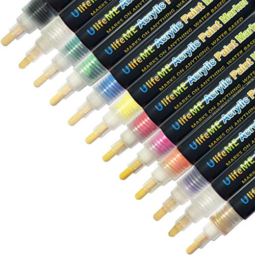 Acrylstifte Marker Stifte, UlifeME 12 Farben Wasserfeste Marker Bunt Set Permanent Art Filzstift für Holz, Steine, Leinwand, Metall, Kunststoff, Keramik, Glasmalerei, Stoffmalerei, Rock-Malerei & DIY von Ulifeme