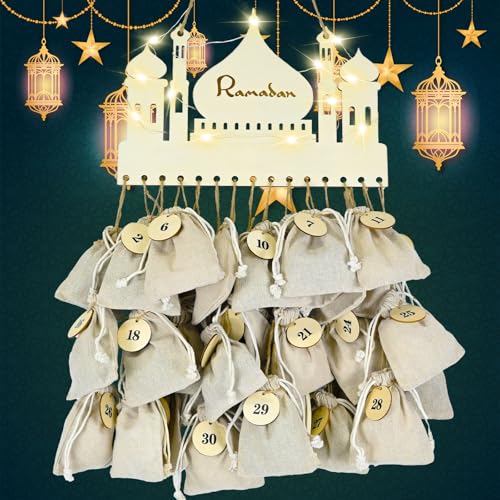Ulikey DIY Ramadankalender zum Befüllen, 30 Stück DIY Ramadan Kalender Geschenktüten, Muslimischen Deko Aufhängung für Ramadan aus Holz mit LED-Lichterkette, Islamische Eid Mubarak Tüten Deko Ulikey DIY Ramadankalender zum Befüllen, 30 Stück DIY Ramadan Kalender Geschenktüten, Muslimischen Deko Aufhängung für Ramadan aus Holz mit LED-Lichterkette, Islamische Eid Mubarak Tüten Deko von Ulikey