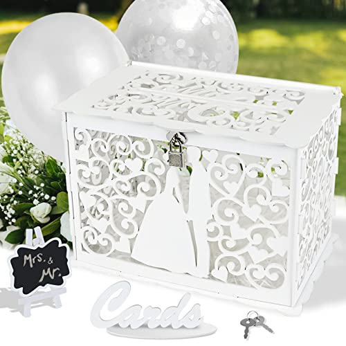 Ulikey Hochzeit Geschenkkartenbox, Hochzeitskartenbox Holz mit Schloss, Hochzeitskartenkiste Geldbox mit Bast und Luftballons, Weiß Vintage Kartenbox für Hochzeit Verlobungsfeier Brautdusche (Stil 2) von Ulikey