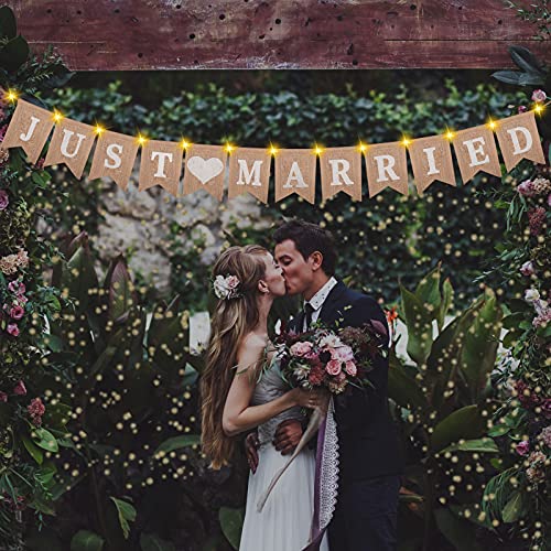 Ulikey Just Married Banner, Hochzeit, Dekoration, Girlande mit LED, Lichterkette, Fee, 3 Modi, Funkeln, Vintage-Banner, Leinen, Just Married, für Dekoration von Hochzeit, Party (2) von Ulikey