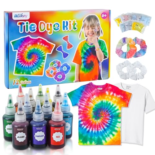 Ulikey Tie Dye Kit, Batikfarben Set mit 60ml Große Batikflaschen mit 12 Farben Batikpulver, Batik Set mit Haarbänder und T-Shirts, Batikfarben DIY-Projekt mit Handschuhen für 4+ (Large) von Ulikey