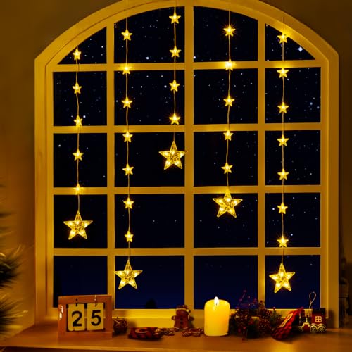 Ulinek 5+27 Sterne Lichtervorhang Fenster mit Batterie Timer, 52 LED Fensterdeko Weihnachtsdeko Innen Warmweiß, IP65 Lichterkette Außen mit Haken Weihnachtsbeleuchtung 8 Modi Sternenvorhang Tür Garten von Ulinek