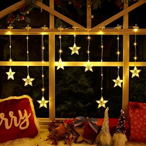 Ulinek 9 Sterne Lichtervorhang Fenster mit Batterie Timer, 76 LED Fensterdeko Weihnachtsdeko Innen Warmweiß, IP65 Lichterkette Außen mit Haken, Weihnachtsbeleuchtung 8 Modi Sternenvorhang Garten Tür von Ulinek