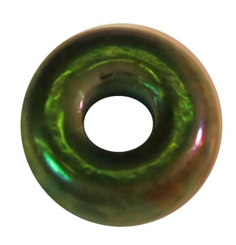 Großlochperle aus Glas, in grün-irisierend zu 100g verpackt (ca. 66 Stk.). Außen-Ø ca. 13,5mm, Innen-Ø ca. 5mm - ca. 6mm tief/breit. von Ullmannglass