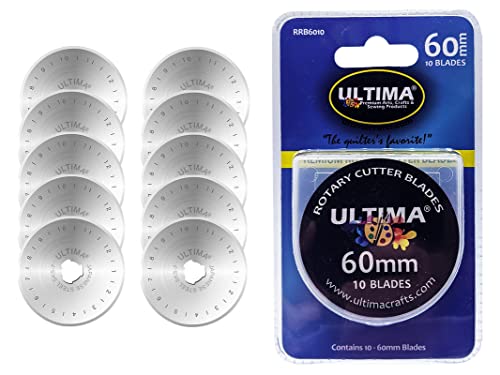 Ultima 60 mm Rollschneiderklingen – 10 Klingen pro Packung – passend für die meisten Rollschneider einschließlich Fiskars, Olfa, Martelli und TrueCut – schneidet Quiltstoff, Leder und mehr von Ultima