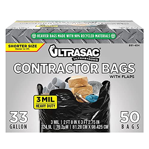 UltraSac Müllbeutel für Bauunternehmer – (50 Stück/mit Bändern) – strapazierfähig, 0,9 mm dick, 100 x 91 cm, kürzere schwarze Version – für Industrie, Gewerbe, Profi, Bau, Rasen, Blatt und mehr von Ultrasac